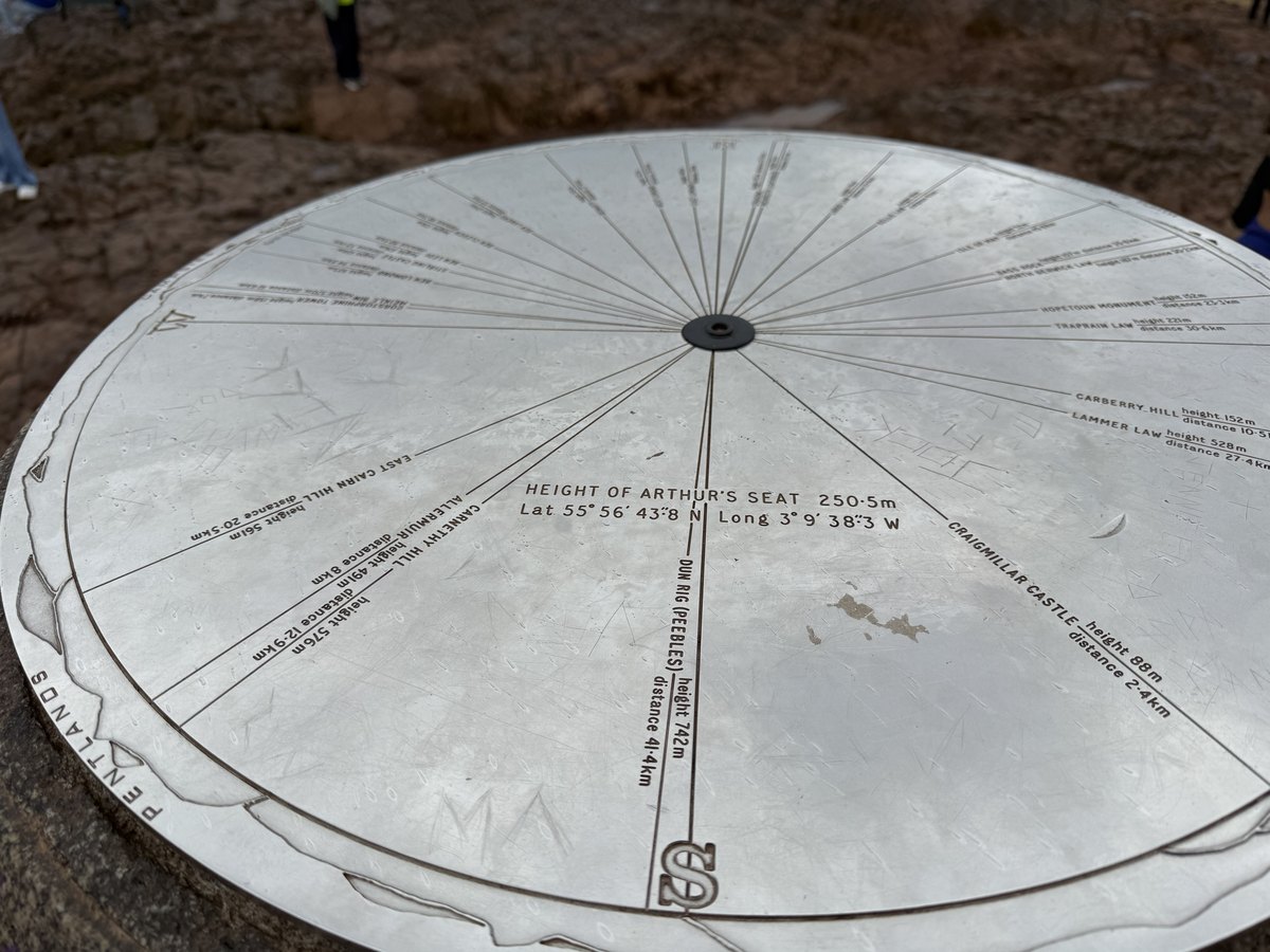 山頂の展望盤。HEIGHT OF ARTHUR'S SEAT 250.5m と刻まれている